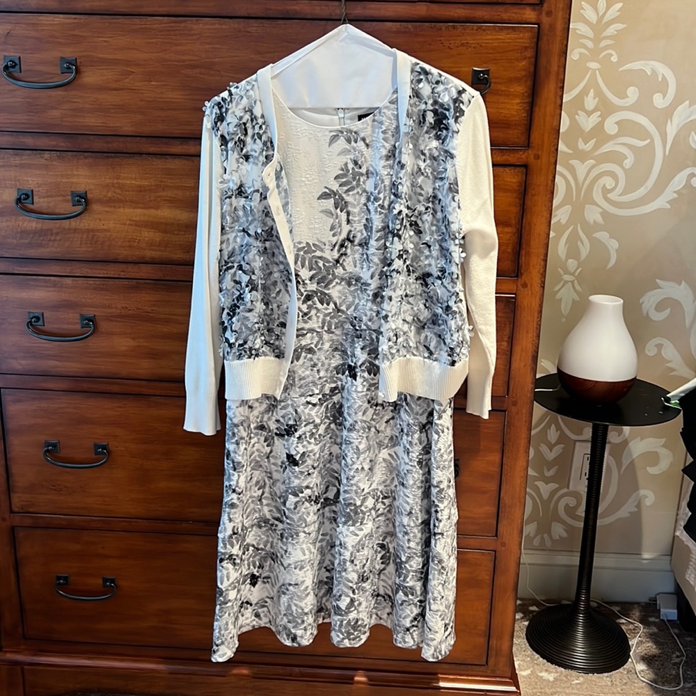 Tea Length, wide strap dress with coverlet sweater